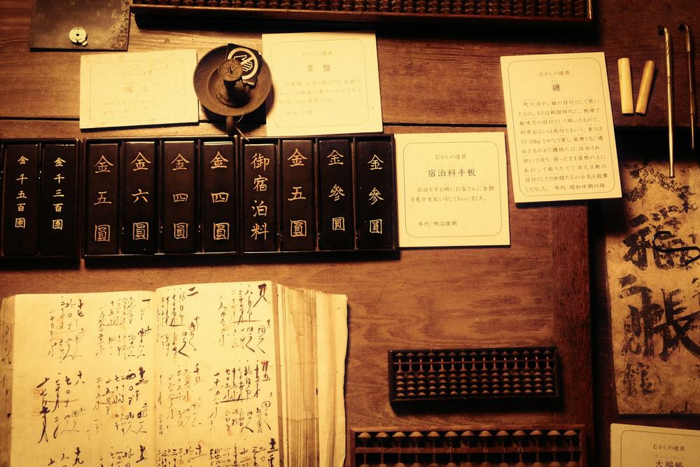 金額を書いた木札と帳面とそろばんが並ぶ古い帳場