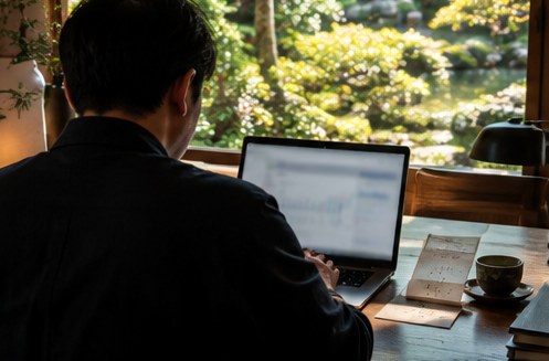 昼の事務室で、宿の主が庭を望む机でノートパソコンの数字を見ている。横に手書きの礼状と湯のみ