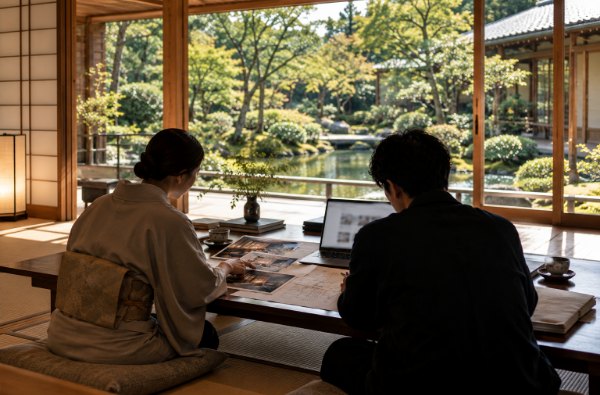 昼の明るい和室で、宿の主と相談役が庭を望む低い卓に客室の写真と間取りを広げて話している