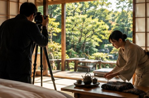 昼の客室で、写真家が庭へ向けてカメラを構え、宿の人が卓に茶器と浴衣を整えている