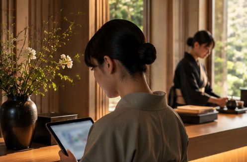 昼の帳場で、着物の宿の人が手元の端末でお客様の情報を確かめ、奥でもう1人が茶の盆を用意している