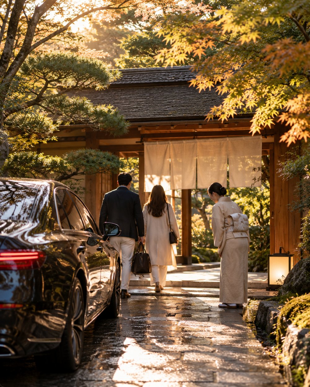秋の夕方の日差しの中、宿の門の前に車が着き、着物の宿の人が迎える。二人の客が暖簾の門へ向かう後ろ姿