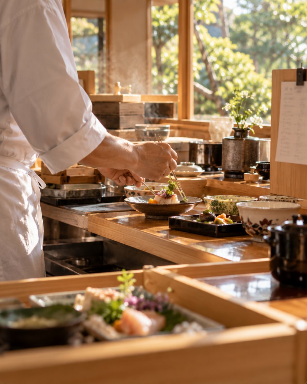 昼の明るい宿の厨房で、料理人が申し送りの紙の横で会席を盛り付けている手元