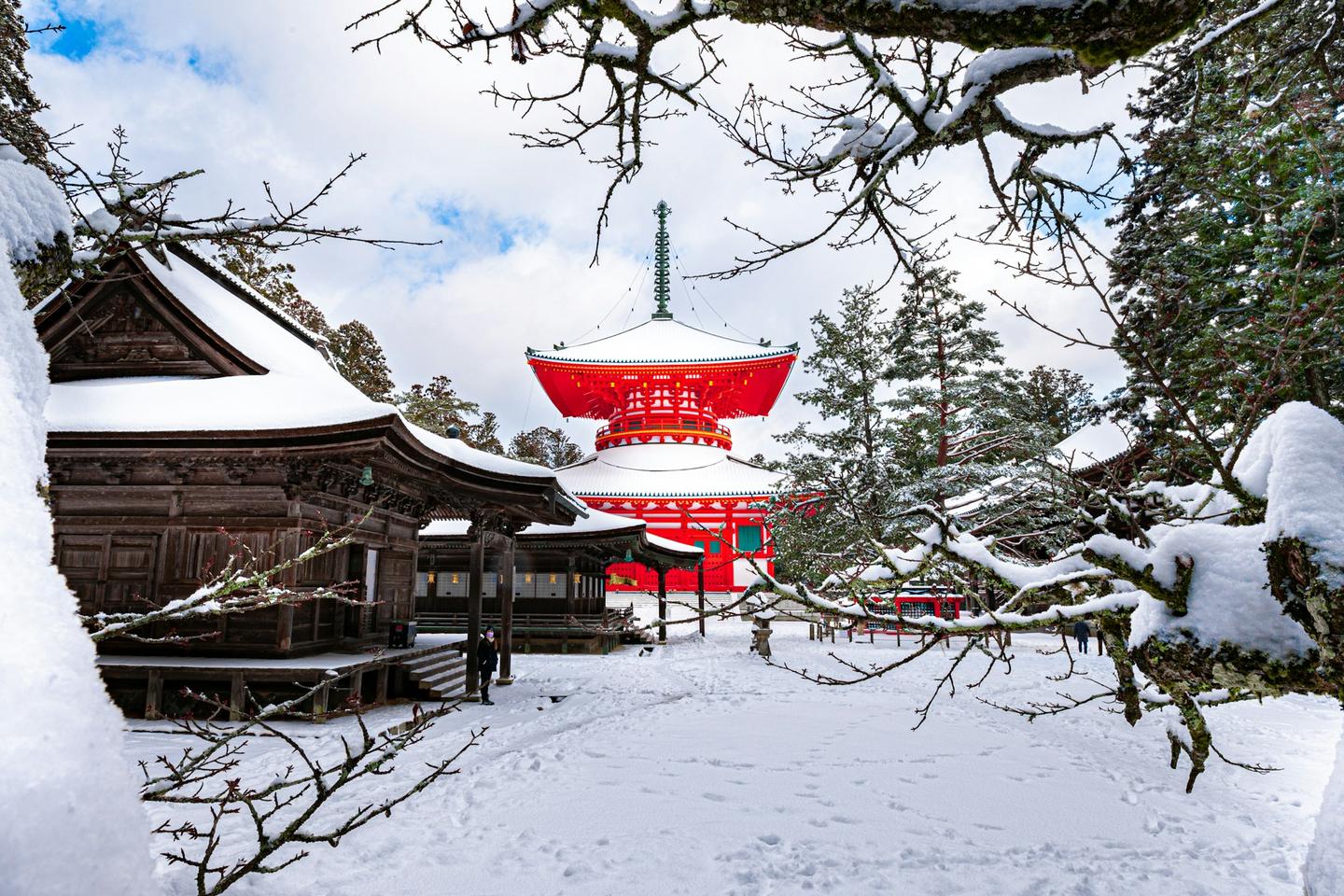 新雪覆蓋的寺院殿堂與朱紅寶塔