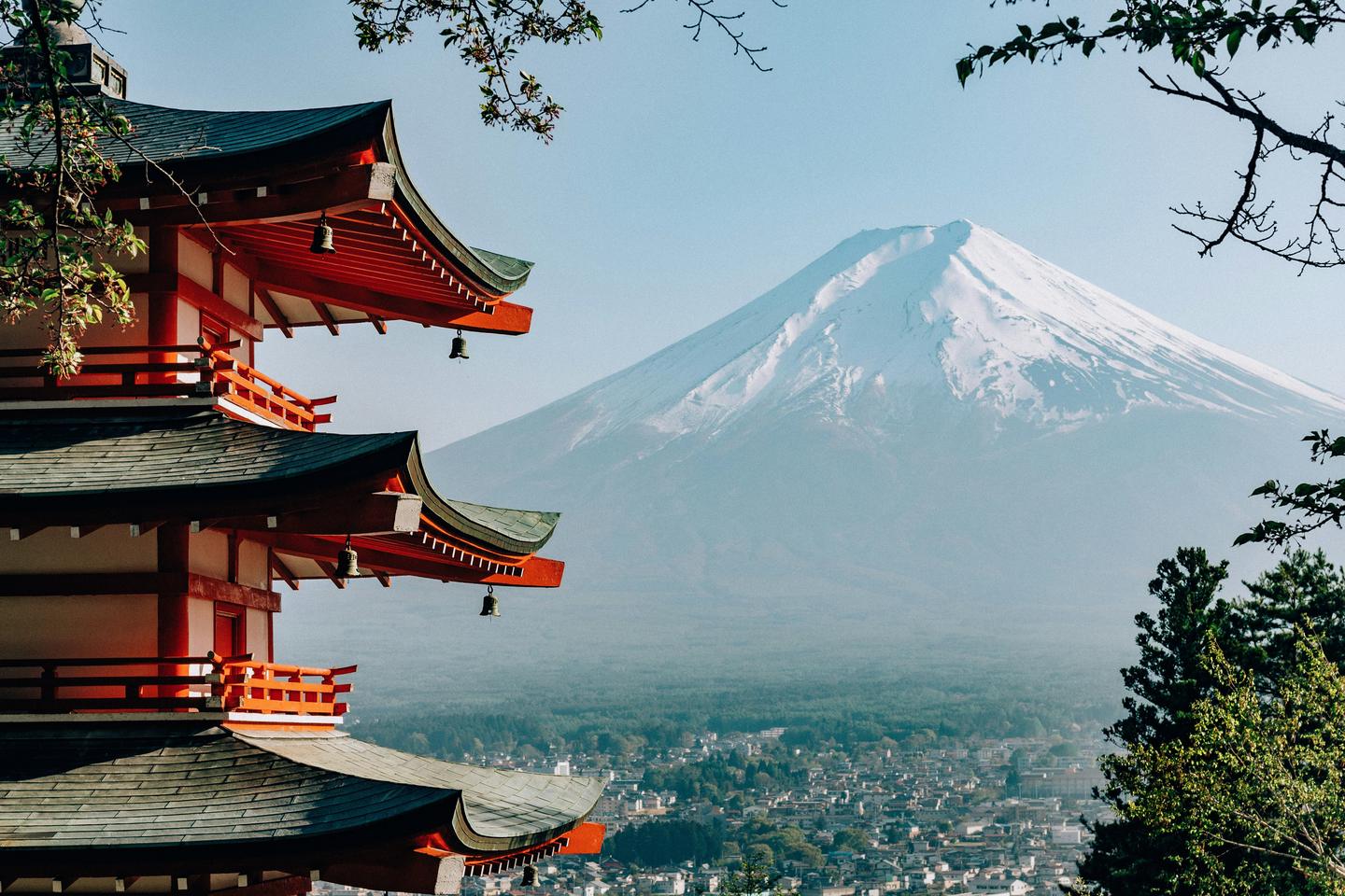 Mount Fuji behind the five-storey pagoda at Arakurayama Sengen Park
