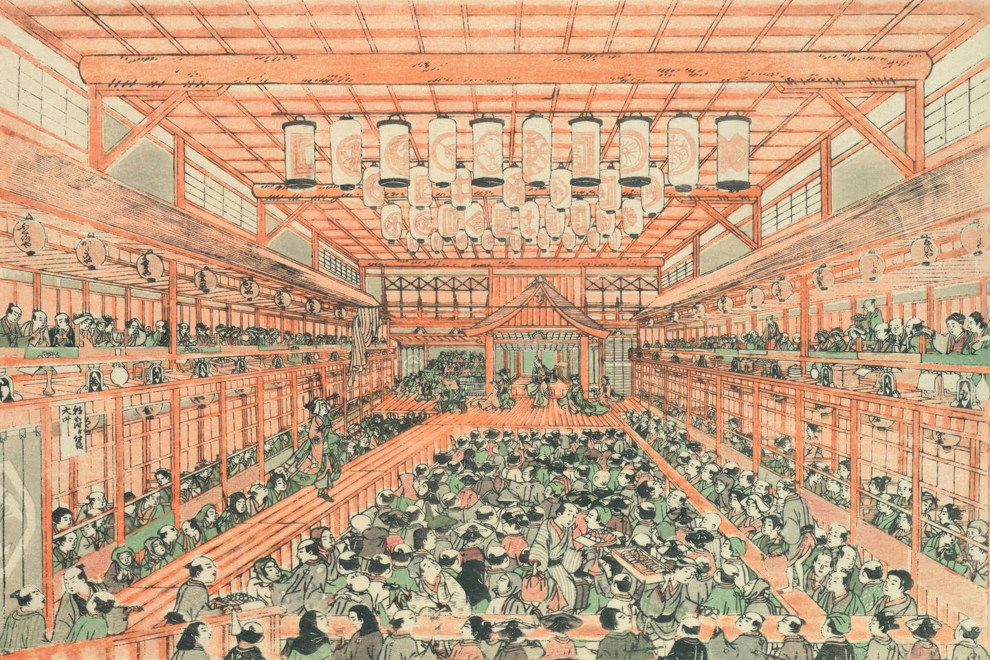 An Edo-period woodblock print in perspective of a full kabuki theatre, the audience seated in boxes before the stage