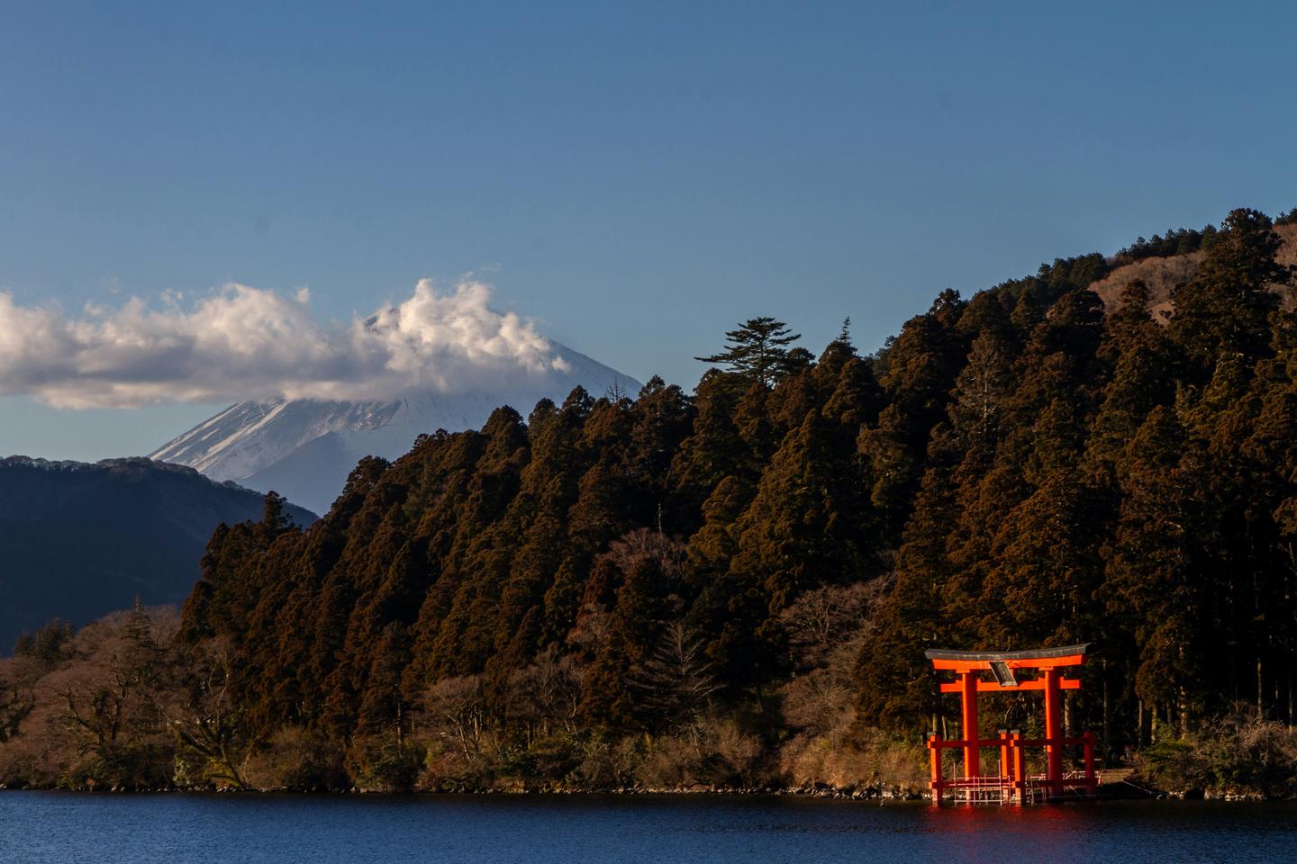 The red torii of Hakone Shrine on Lake Ashi, with snow-capped Mount Fuji behind the forest