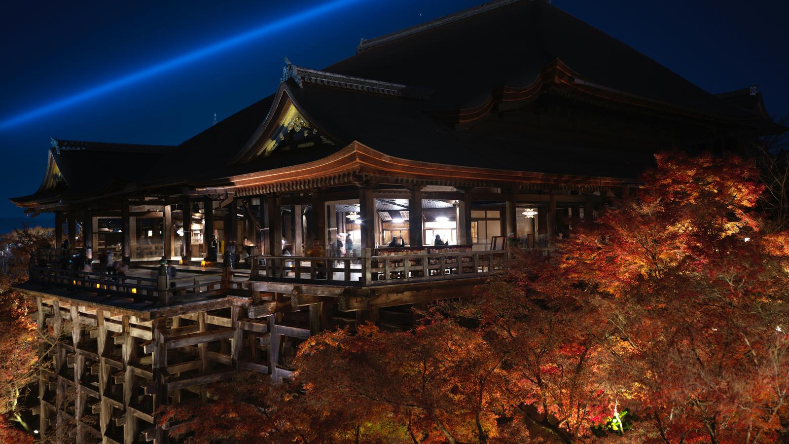 The wooden halls of Kiyomizu-dera lit at night above red autumn maples