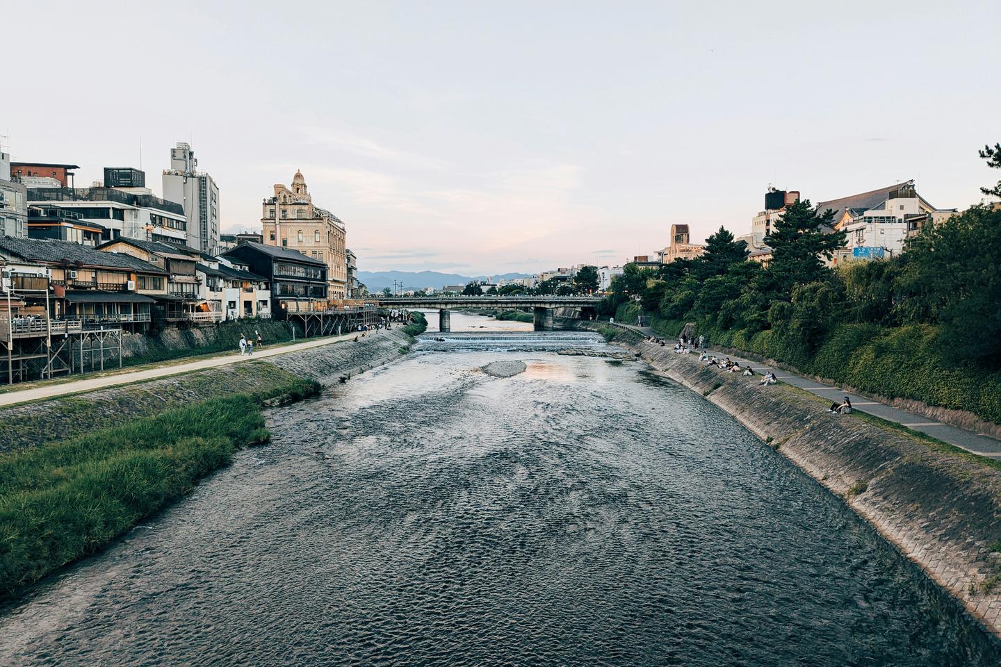 The Kamo River in central Kyoto, with riverside buildings along the west bank
