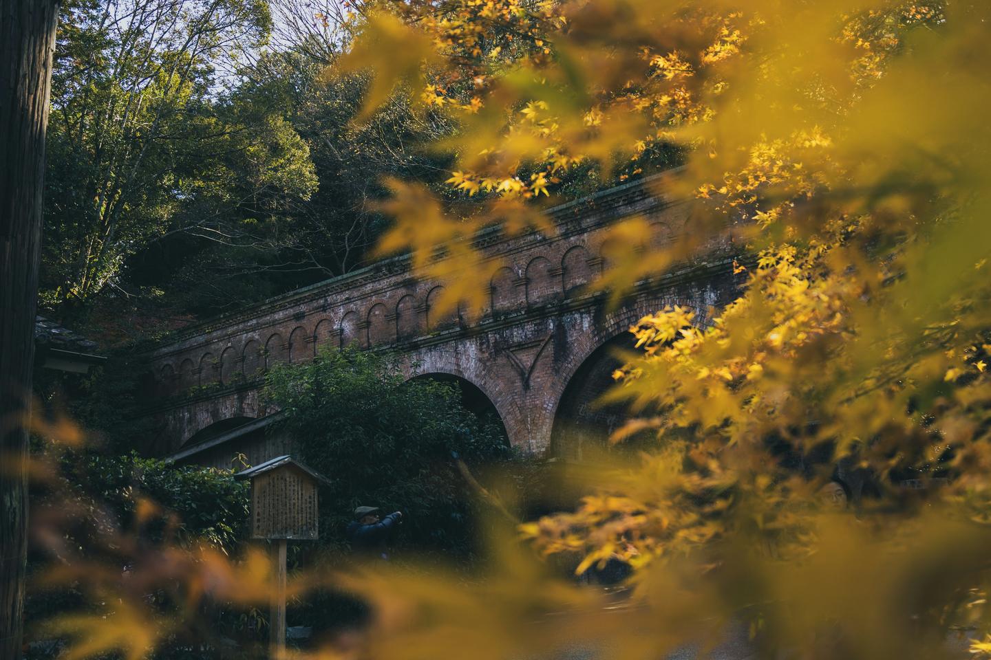 The brick aqueduct at Nanzen-ji seen through yellow autumn leaves