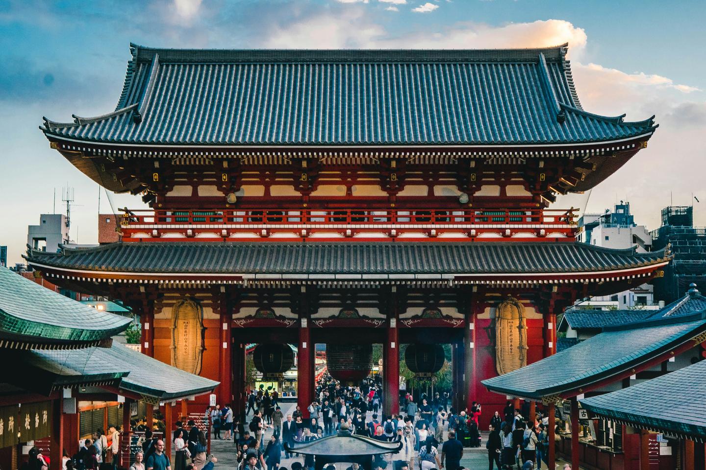 The Hozomon gate of Senso-ji in Asakusa with visitors in the temple grounds