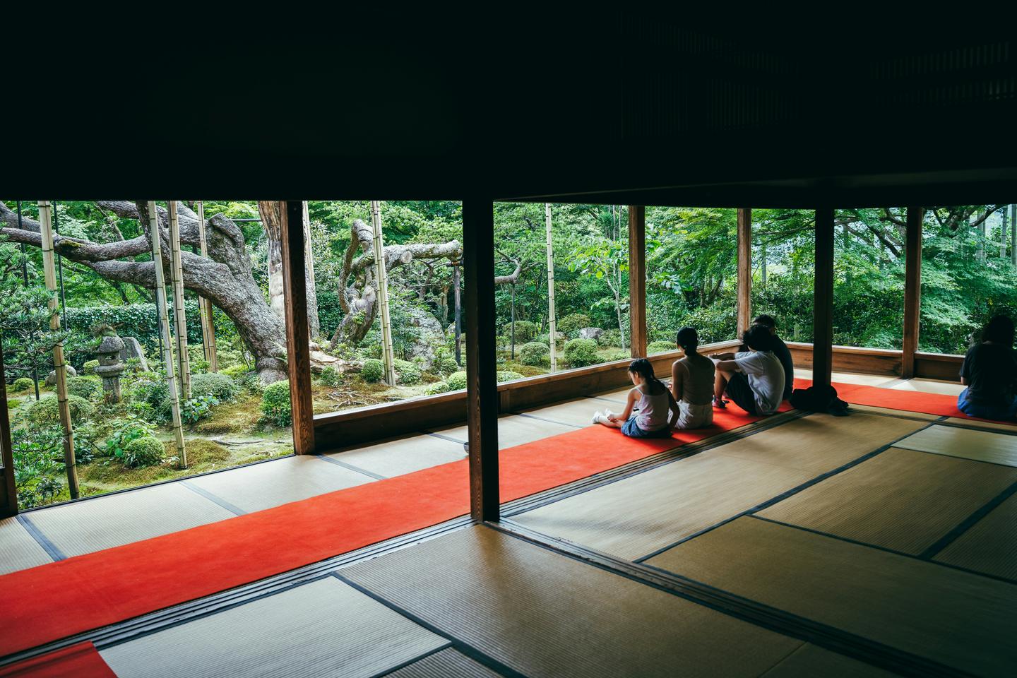 Visitors sitting on tatami at the edge of a temple room in Kyoto, looking out at a green garden
