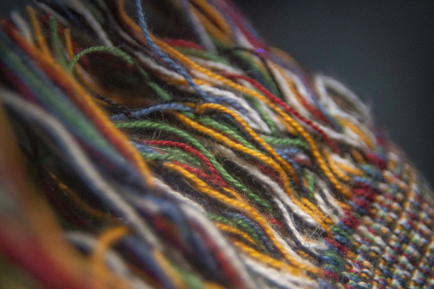 Close-up of threads in many colours twisted together