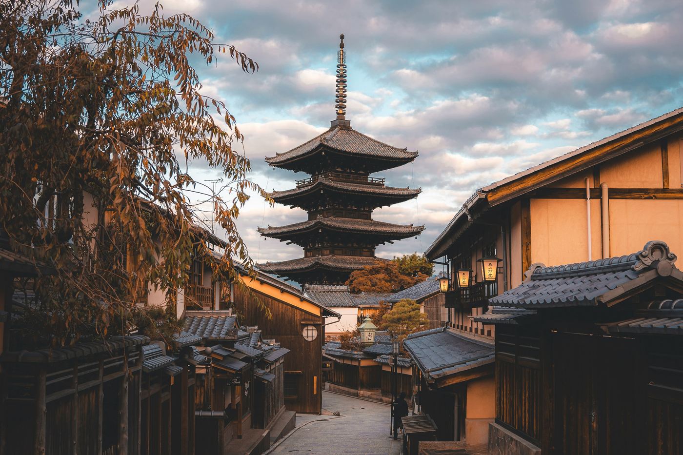 A stone-paved lane of wooden houses in Higashiyama leading to the five-storey Yasaka Pagoda