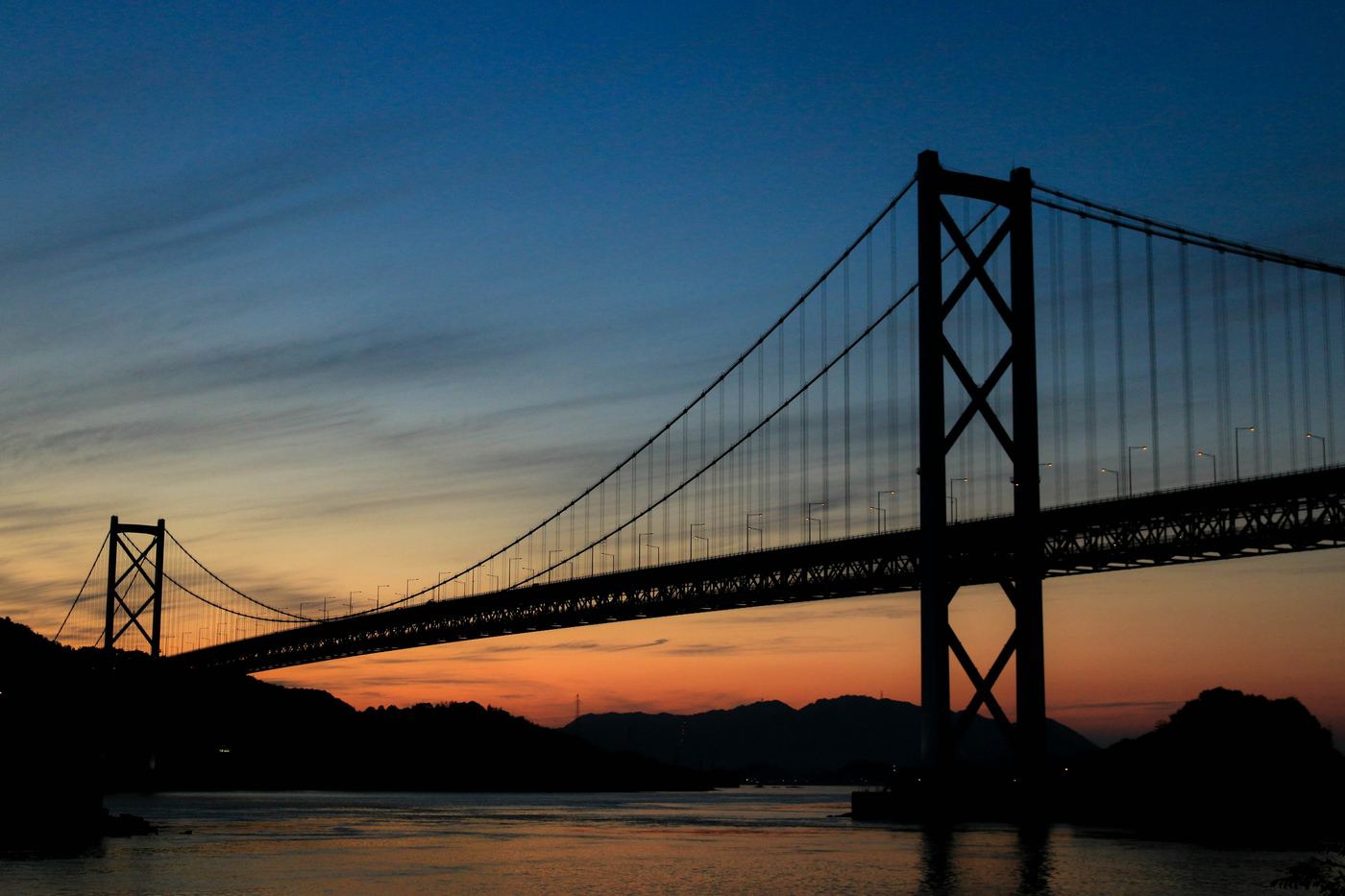 A suspension bridge of the Shimanami Kaido in silhouette against an orange sunset over the Inland Sea